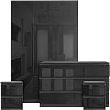 Blisswood High Gloss 4 Piece Bedroom Set With 3 Door Wardrobe & 6 Drawer Chest of Drawer + 2 Drawer 2 Bedside Table Cabinet Bedroom Furniture Set for Bedroom Storage furniture (Black)