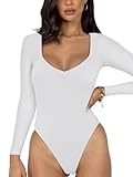 REORIA Women's Sexy Basic V Neck Long Sleeve Body Suits Double Lined Seamless Slimming Fall Trendy Going Out Thong Bodysuit tops White Small