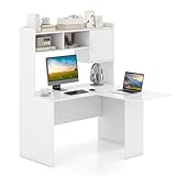 COSTWAY L-Shaped Computer Desk, Corner Writing Workstation PC Laptop Table with Hutch, Storage Bookshelf and Cabinet, Home Office Work Study Table Gaming Desk