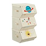 SONGMICS Children's Storage Box, Set of 3, Folding Boxes, Toy Box with Lid, 38 x 35 x 25 cm, for Children's Room, Toy Room, Space Motifs, Beige RLB700M01