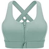 CLOUSPO Women Sports Running Post Surgery Yoga Zip Front Bra High Support Impact Crop Top Padded Cross Back (XL, Green)