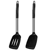 Pack of 2 Large Silicone Cooking Spatulas, BPA Free Stainless Steel Kitchen Utensils for Baking, Frying, Stir-Fry, Non-Stick Non-Scratch Heat Resistant Slotted and Solid Spoonula (Black)