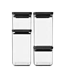 Brabantia Set of 4 Tasty+ Square Stackable Food Canisters/Storage Jars (Dark Grey) Space Saving Transparent Plastic Tubs with Lids, (122422)