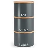 EHC Tea, Coffee, Sugar, Canister Set, Set of 3 Stackable Airtight Food Storage Easy to Open Storage Cansiters Jars Tin, Grey