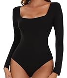 SHAPERIN Women's Bodysuit Square Neck Long Sleeve Body Suit Top Tanga Leotard Jumpsuit Tops Elegant Black M