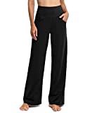 Promover Women's Activewear Trousers Yoga Trousers with Pockets Straight Wide Leg Stretch Work Tracksuit Bottoms Gym Joggers Causal Lounge Tummy Control Pants Petite/Regular/Tall,Black,M