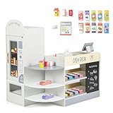 COSTWAY Pretend Play Shop, Kids Supermarket Playset with Cash Register, Vending Machine, Chalkboard, Wooden Role Play Grocery Store for Children Ages 3+ (White)