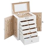 SONGMICS Jewellery Box 6 Tiers, Jewellery Case with 5 Drawers, Large Storage Capacity, with Mirror, Lockable, Jewellery Storage Organiser, Gift for Loved Ones, for Watches, Cloud White JBC152W01