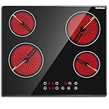 Karinear Ceramic Hob, 60cm Built-in 4 Zones Electric Hob with Touch Control 6000W, Hard Wired, No Plug Included