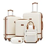 COOLIFE Suitcase Trolley Carry On Hand Cabin Luggage Hard Shell Travel Bag Lightweight with TSA Lock,The Suitcase Included 1pcs Travel Backpack and 1pcs Toiletry Bag (White/Brown, 5 Piece Set)