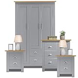 Bedroom Wardrobes sets With 3 Door Wardrobe & 2+2 Drawer Chest of Drawer + 2 Drawer 2 Bedside Table Cabinet Bedroom Set for 4 Piece Bedroom Storage furniture Set, Grey & Oak