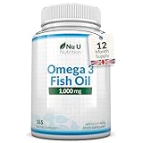 Omega 3 Fish Oil 1000mg - 365 Softgel Capsules - 1 Year Supply - High Strength Pure Fish Oil with Balanced EPA & DHA - Contaminant Free Omega 3 - Nu U Nutrition