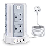 Tower Extension Lead with USB Solts,[13A 3250W] 8 Outlets and 4 USB Charging Ports Surge Protected Power Strip with 3M Long Extension Cord, Tower Charing Station for Home and Office