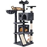 Yaheetech Cat Tree, 144.5cm Multi-level Cat Climbing Tower w/Sisal Scratching Posts, Double Cat House and Dangling Balls Kitten Activity Centre Cat Play House, Dark Grey