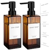 GMISUN Hand Soap Dispenser, 2 Pack Amber Glass Soap Dispensers for Bathroom, 12oz Dish Soap Dispenser set for Kitchen, Refillable Liquid Soap Dispenser With Waterproof Labels, Lotion & Soap Dispensers