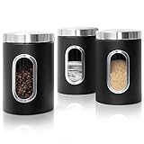 Elite Chef Tea Coffee and Sugar Canisters Set, 3 Pack Stainless Steel Kitchen Canisters, 17 x 11 cm Versatile Coffee and Tea Storage Jars, Transparent Window Airtight Biscuit Container Set