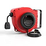 Cord Reel Retractable Automatic Cable Reel 50FT+4.5 (15+1.5M), Extension Cord Reel with Grounded Triple Tap Outlet, Adjustable Stopper, 180° Swivel for Wall/Ceiling Mount/Garage/Garden