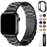 Fullmosa Compatible with Apple Watch Straps Series 9 8 7 45mm Ultra 49mm Series 6 SE/SE2 5 4 44mm Series 3 42mm Metal Stainless Steel Replacement iWatch Bands Black & Protective Case