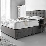 DBZ BEDS Reinforced Double Bed Set 4 FT 6 with 2000 Series Mattress - Grey Linen Divan Beds Set with Various Storage Options – 26 Inch Headboard with Chrome Glider Feet (Double)…