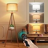 OUTON Solid Wooden Tripod Floor Lamp, Bulb Included, Standing Lamp with Remote Control, Dimmable & 4 Color Temperatures, 1H Timer, Floor Lamp with Storage Shelf Linen Shade for Living Room Bedroom