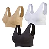 Lemef 3-Pack Seamless Sports Bra Wirefree Yoga Bra with Removable Pads for Women (Large, Black&White&Nude)