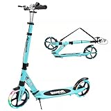 TENBOOM Scooter for Kids Ages 8-12 and Adult, LED Light Wheels Scooter for Kids, Fast Folding Hand Brake Adult Kick Scooters with Bike Bell, Height Adjustable City Scooter,Up to 100 kg, Blue