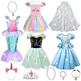 Princess Costumes for Girls - 4 Sets of Princess Fancy Dresses for Little Girls Aged 3-8 - Princess Toys Dress Up Clothes with Cloak, Crown, Jewelries Accessories for Kids Role Play