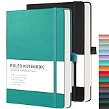 RETTACY Notepad A5 Lined 2 Pack - Leather Journal with 376 Numbered Ruled Pages, Hardcover Notebook,2 Free Sticky Notes Divider,8 Perforated Sheets, Pen Loop, Inner Pocket, 14.5 x 21cm（Black Cyan）