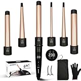 janelove Hair Curler, Curling Wand,6 in 1 Hair Iron Set for Long/Short Hair, with 5 Interchangeable Ceramic Barrel,Include Large/Small Hair Waver,Hair Crimpers with Heat Resistant Glove