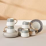 Karaca Globe Coffee Cup Set of 6, 6 Porcelain Coffee, Espresso Cups with Saucers, Porcelain Design with Black Patterns and Gold Handles, Ideal for Serving Coffee, Latte, Tea, Espresso, and Cappuccino