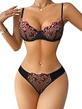 ROSVAJFY Women's Sexy Lingerie Set with Floral Embroidery, Mesh Push Up Underwear Set 2 Pieces, Underwire Bra and Panties Set Elegent Lingerie with Adjustable Spaghetti Straps (Black, S)