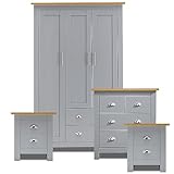 Blisswood 4 Piece Bedroom Set With 3 Door Wardrobe & 2+2 Drawer Chest of Drawer + 2 Drawer 2 Bedside Table Cabinet Bedroom Furniture Set for Bedroom Storage furniture (Grey & Oak)