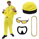 90s Celebrity Costume - Adults Yellow & Black Shell Suit + Matching Hat + Sunglasses + Gold Chain + Black Goatee - Funny Rapper Halloween Stag Do Fancy Dress Costume (Size: Small)