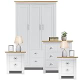 Bedroom Furniture Sets with 3 Door Wardrobe & 2+2 Drawer Chest of Drawer + 2 Drawer 2 Bedside Table Cabinet Bedroom Set for 4 Piece Bedroom Storage furniture Set, White & Oak