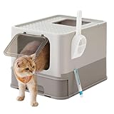 FEANDREA Cat Litter Box with Lid, Covered Litter Box with Top Entry, Slide-Out Tray, Scoop, Brush, for Large Cat, Max. Load 33 lb, Anti-Tracking, Anti-Leaking, Oatmeal and Warm Gray PPT001G01