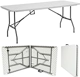 6ft Heavy Duty Folding Table - Ideal for Catering, Camping, Picnic, Party - Portable & Compact Trestle Table with Carry Handle - Indoor/Outdoor Dining, Garden, Market, BBQ - White