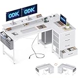 ODK Corner Desk with Drawers, L Shaped Computer Desk with USB Charging Port & Power Outlet, Home Office Desk with Monitor Stand and PC Stand, 140x80cm Gaming Desks Workstations, White