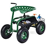 COSTWAY Rolling Garden Cart, Height Adjustable Swivel Gardening Stool Trolley with Tool Tray & Basket, Gardener Planting Workseat Scooterfor Patio Lawn Yard (99x45x46-55cm, with Extendable Handle)