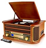 Denver 8-in-1 CD Bluetooth Cassette Player Retro Wooden Record Player HiFi System – 3 Speed Vinyl Turntable & Cassette With CD Player, FM/AM Radio, MP3 USB Recording, AUX IN And Line Out – MCR-50BT