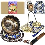 Artcome 7PCS Tibetan Meditation Set - Tibetan Singing Bowl & Tibetan Tingsha Cymbals Bells Handmade in Nepal for Meditation, Yoga, Tranquility, Relaxation, Chakra Healing, Stress Relief & Mindfulness