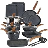 Kitchen Academy Induction Cookware Set-17 Piece Non-Stick Cooking Pan Set, Black Granite Pots and Pans Set