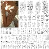 Acevegue 61 Sheets Temporary Tattoos for Women Girls - Black Flowers Wild Plant Butterfly Fake Tattoos for adults, Semi Permanent Transfer Tattoos Stickers for Makeup Accessories Decorations