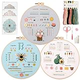 Myfelicity 3 Embroidery kit for Beginners, Embroidery Starter Kits to Learn 28 Different Stitches, Including Fabric with Prints, Threads, Needles, Hoop and Video tutorials…