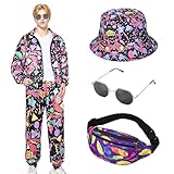 Matreeglam 80s 90s Retro Fancy Dress Men, 80s Shell Suit Costume, Hip Hop Outfit Set with Jacket Hat and Glasses, Sportswear for Themed Disco Party Halloween (Rose red, L)