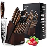 15-Piece Japanese Chef Knife Set with Sharpener, Block Wooden, HOBO Japan High Carbon Stainless Steel Boxed Kitchen Knife, Color Wooden Handle