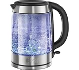 Russell Hobbs Illuminating 1.7L Electric Cordless Glass Kettle with black/brushed stainless steel accents (Fast Boil 3KW, Washable anti-scale filter, Button to open lid, Perfect pour spout) 21600-10