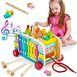 Sundaymot Wooden Montessori Toys for 1 Year Old, 4-in-1 Early Development & Activity Toys, Whack a Mole Game Musical Toys for 1 Year Old, Sensory Toys for 1 2 3 4 Year Old Boys and Girls - Bus Version