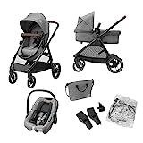 Maxi-Cosi Zelia S Trio 3-in-1 Prams Travel System, 0 - 4 Years, Up to 22 kg, Foldable, Compact and Reclining Baby Pushchair, with CabrioFix S i-Size Baby Car Seat, Accessories, Nursery Bag, Grey