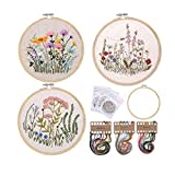 RosewineC 3 Pack Embroidery Starter Kit, Full Range of Cross Stitch Supplies Plants Flowers Pattern with Embroidery Clothes Hoops Threads Needles for Beginners Adults Kids