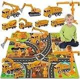 Jiakora Construction Vehicle Toy Truck w/Play Mat Road Signs, Dump Trucks, Excavator, Cement Mixer Trucks, Crane, Engineering Vehicles Toys Set for 3 4 5 6 Years Old Toddlers Kids Boys & Girls